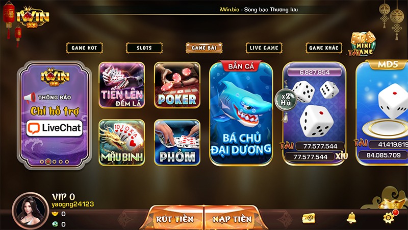 Giao diện sảnh game bài IwinClub với nhiều tựa game nổi bật