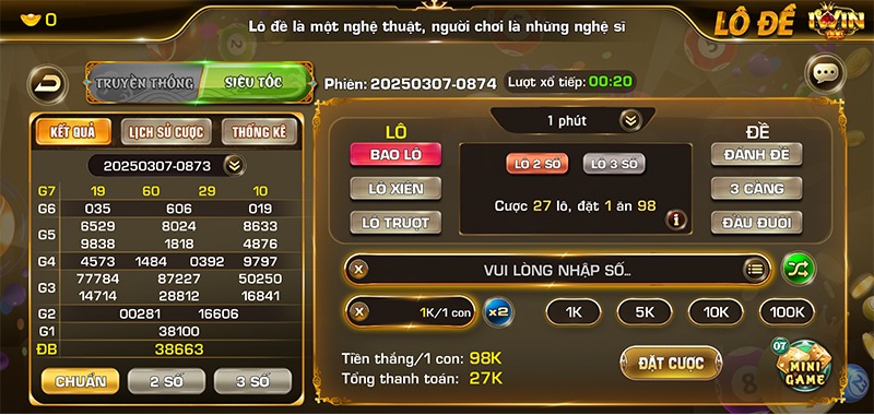 Lô đề siêu tốc IwinClub với các mức cược đa dạng và thời gian quay số nhanh
