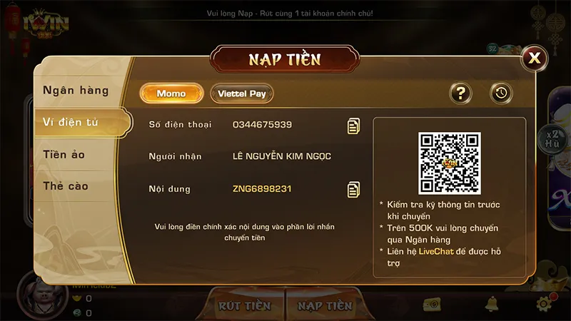 Nạp tiền Iwin qua Momo, cách nạp tiền Iwin bằng ví điện tử