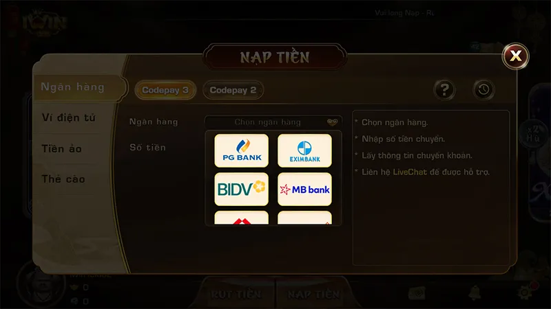 Phương thức nạp tiền Iwin, nạp tiền Iwin qua thẻ cào, ví điện tử, ngân hàng