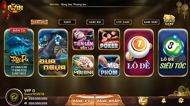 Giao diện nền tảng IwinClub với các trò chơi phổ biến
